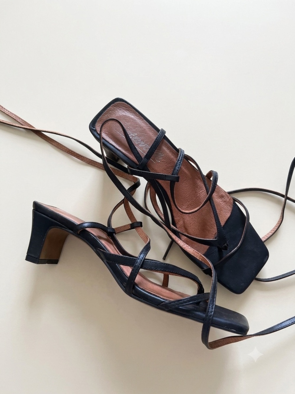 L’Intervalle Sz 8.5 (39) Black Leather Tie Ankle Straps Heeled Sandals